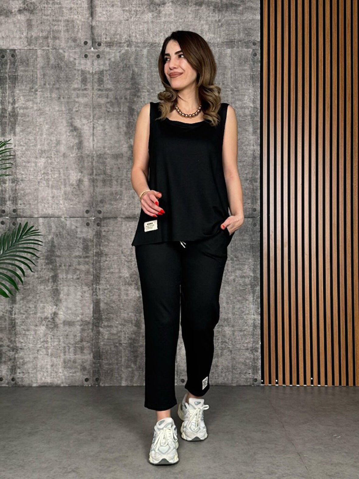 TUA MODA Kadın Askılı Yuvarlak Yaka Viskon Iki Iplik Bluz Ve Eşofman Altı Ikili Takım