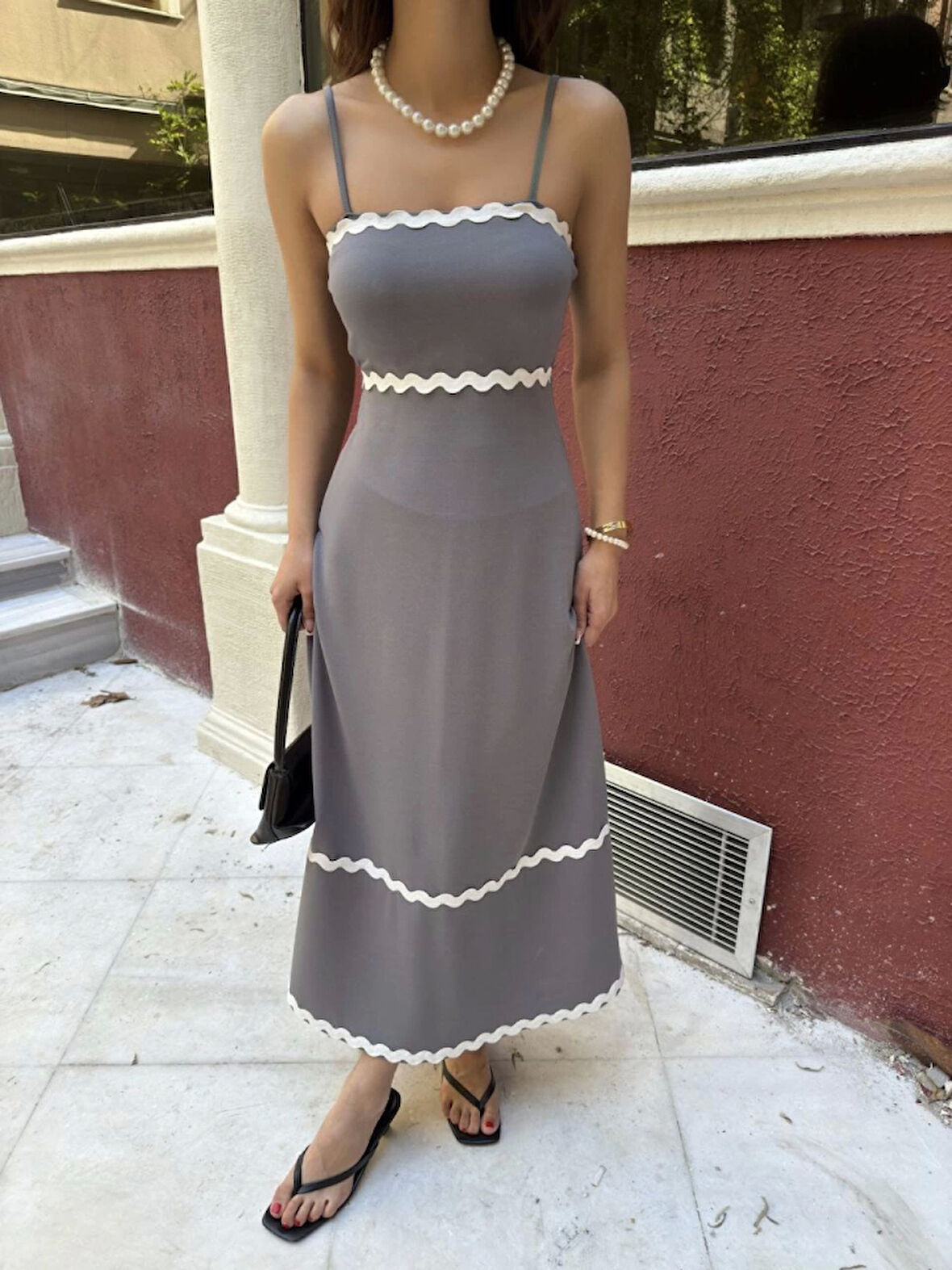 TUA MODA Askılı Uzun Şerit Detaylı Şık Ve Rahat Elbise - Gri