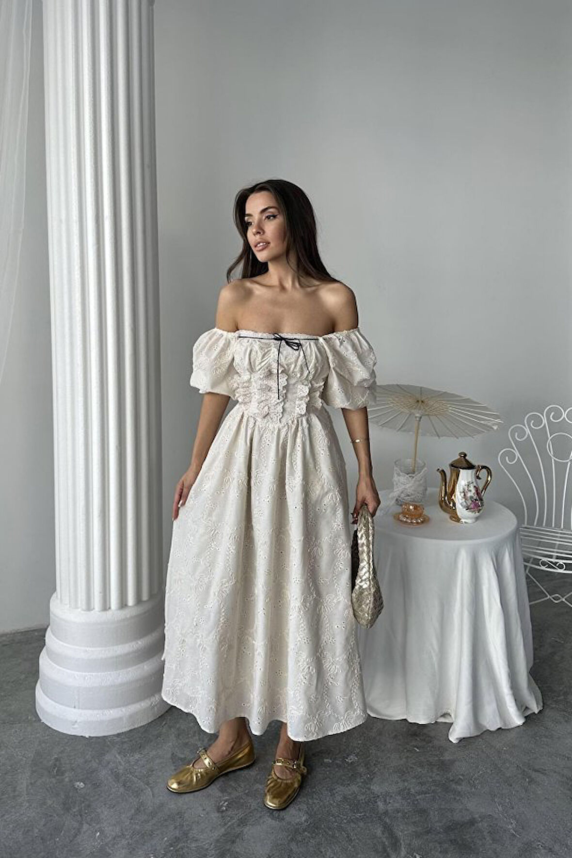 TUA MODA Bej Dantel Detaylı Brode Elbise