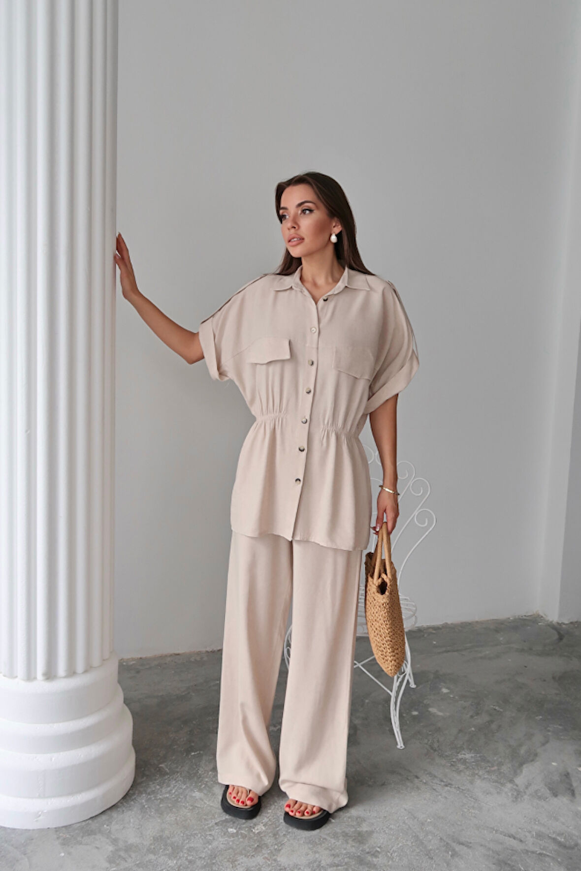 TUA MODA KETEN BELDEN BÜZGÜ DETAYLI GÖMLEK - PANTOLON TAKIM - Bej