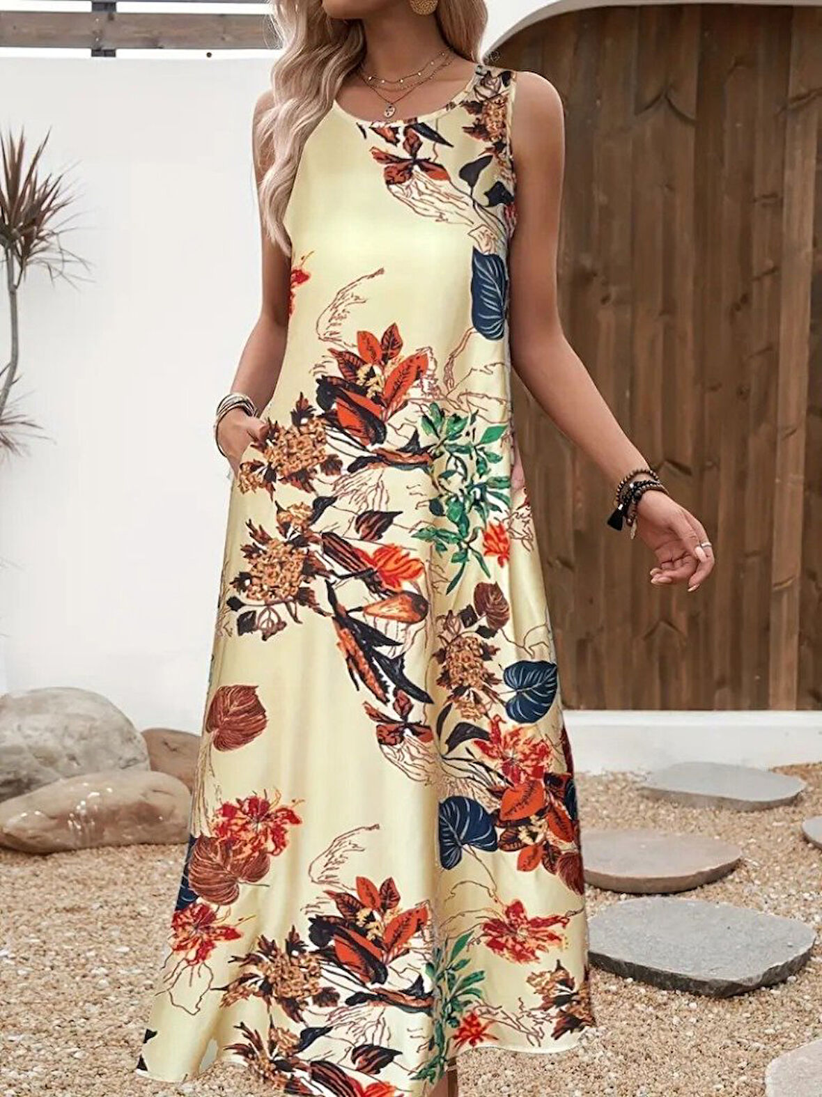 TUA MODA Kadın Askılı Yuvarlak Yaka Cepli Desenli Süprem Elbise