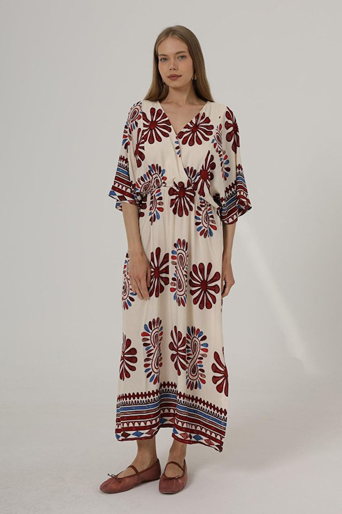 TUA MODA Desenli Yarım Kol Elbise - Kırmızı