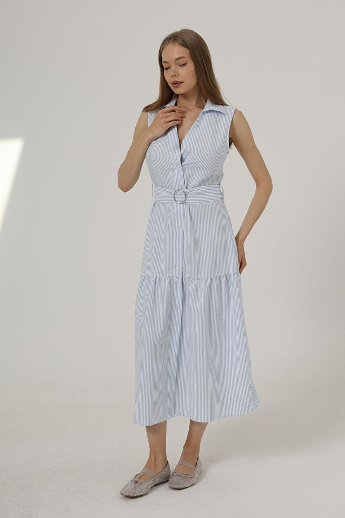 TUA MODA Kemerli Çizgili Elbise - Mavi