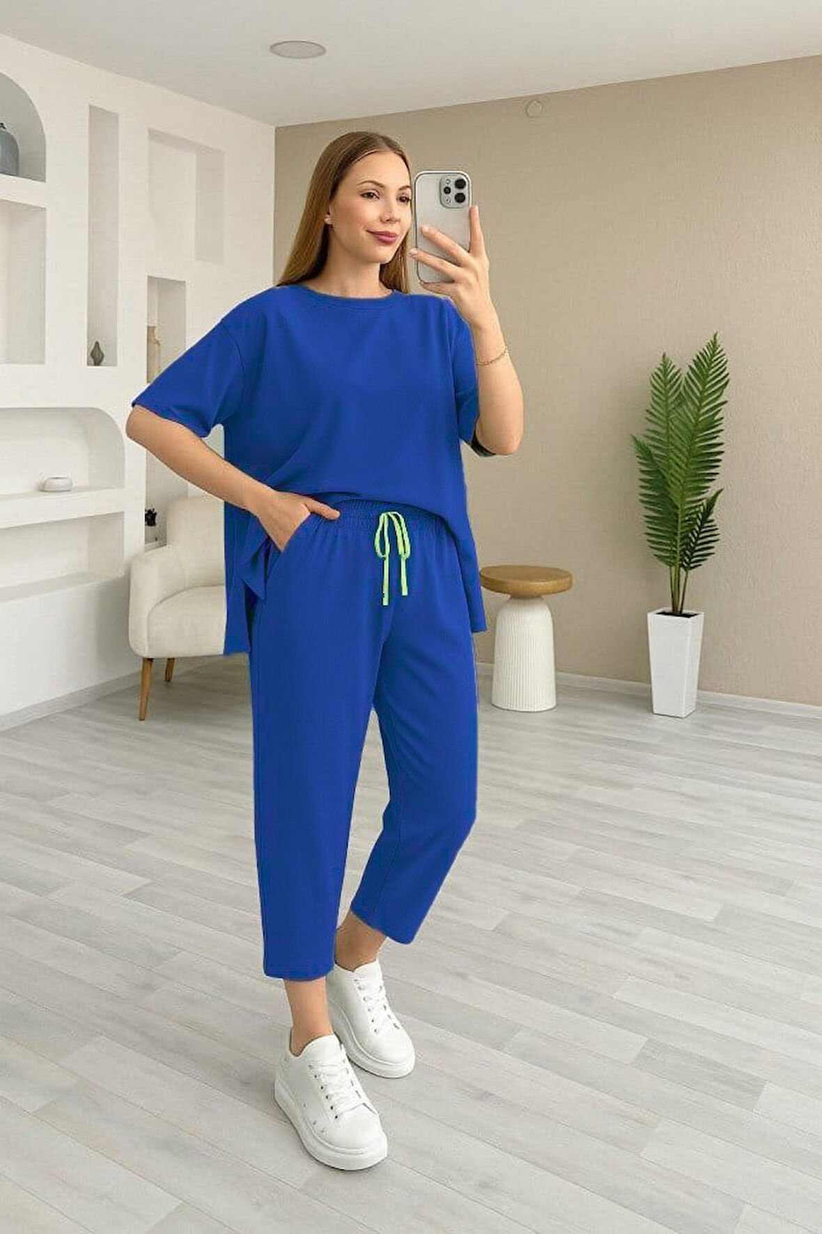 TUA MODA Kadın Kısa Kollu Bisiklet Yaka Viskon Iki Iplik Bluz Ve Pantolon Ikili Takım