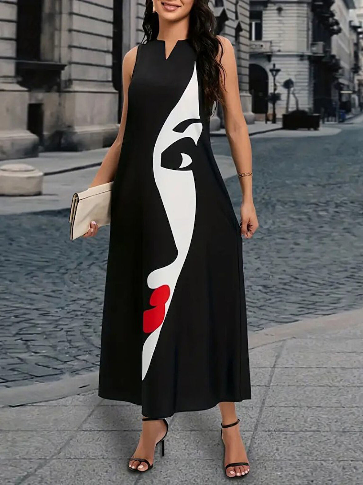 TUA MODA Kadın Sıfır Kol V Yakalı Kadın Yüz Desenli Süprem Elbise