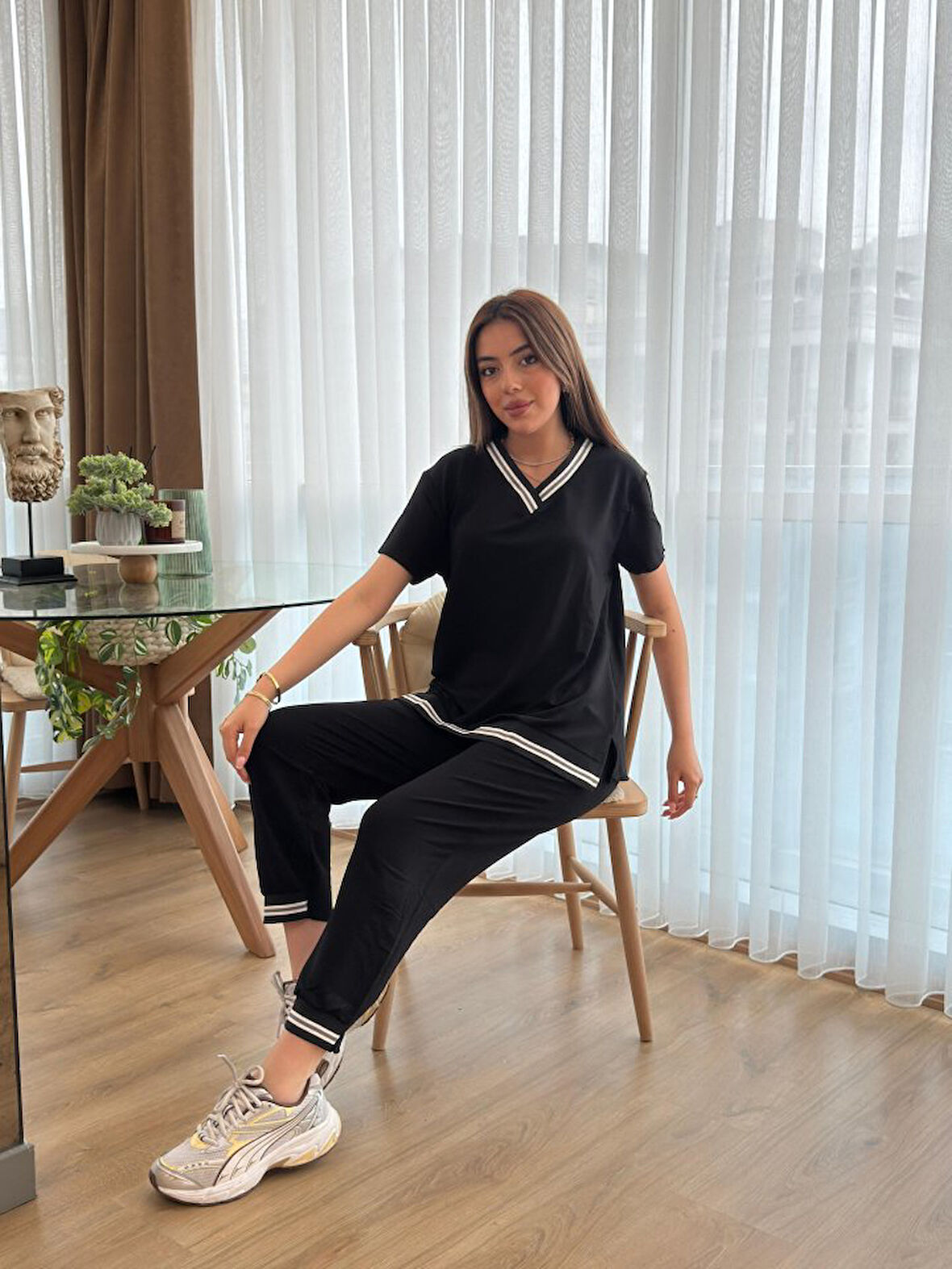 TUA MODA Kadın Kısa Kollu V Yakalı Iki Iplik Bluz Ve Pantolon Ikili Takım