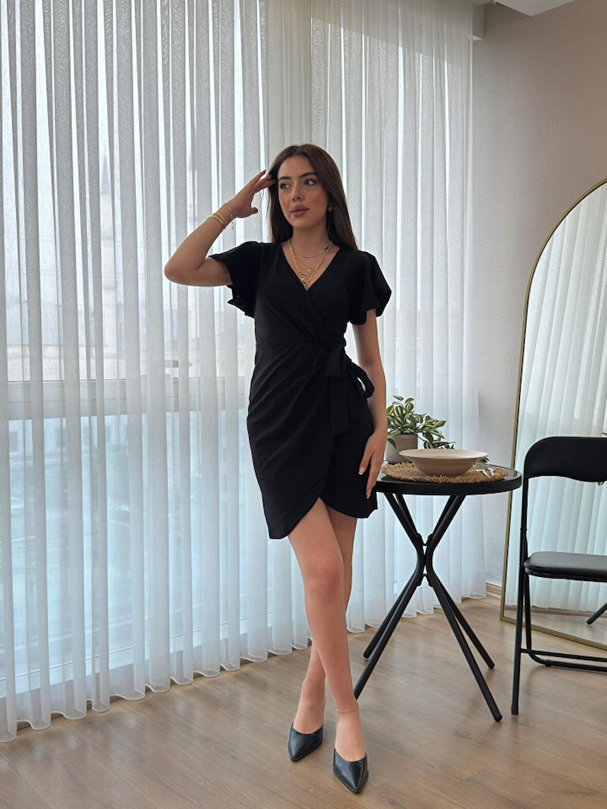 TUA MODA Kadın Kısa Kollu Kruvaze Yakalı Belden Bağlamalı Ithal Krep Elbise