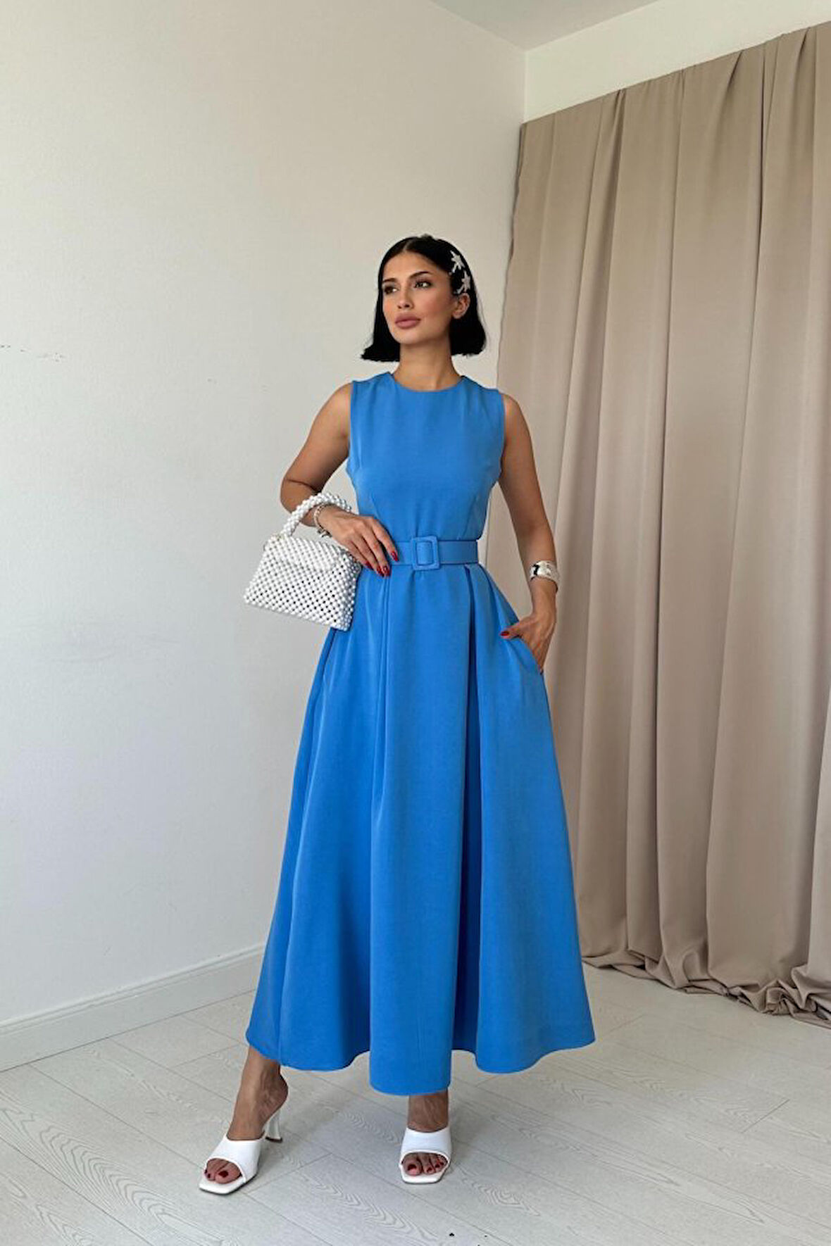 TUA MODA Mavi Halter Yaka Kloş Elbise