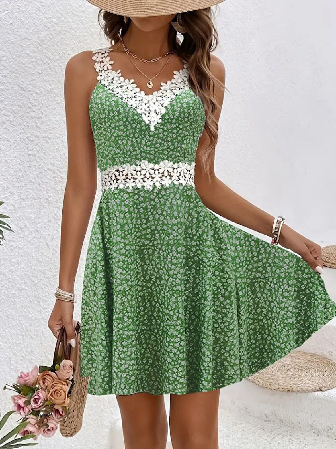 TUA MODA Kadın Askılı Dantel Yakalı çiçek Desenli Süprem Elbise