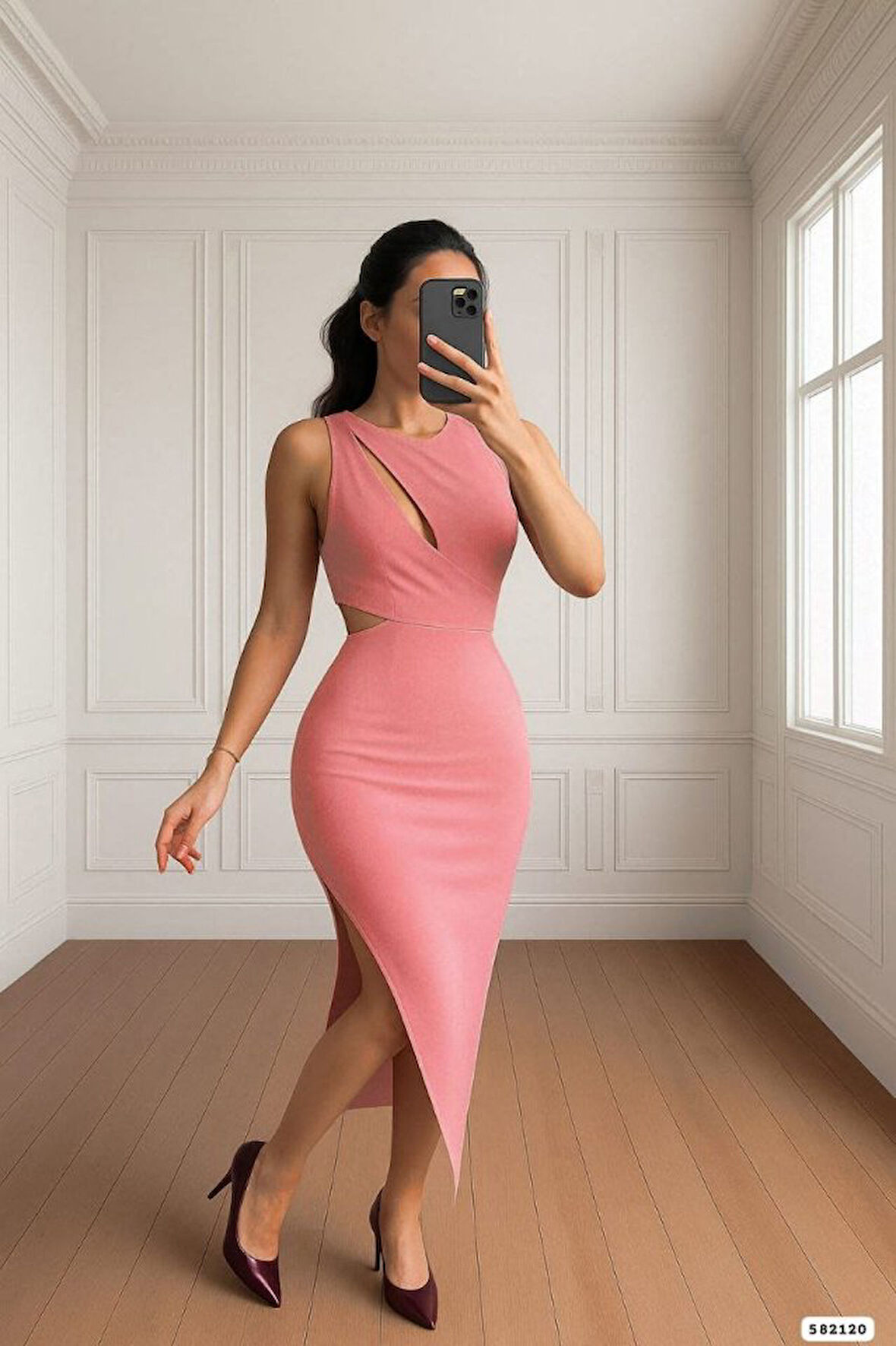 TUA MODA Kadın Goğüs Detaylı Sırt Dekoltelı Yırtmaç Detaylı Scuba Elbise
