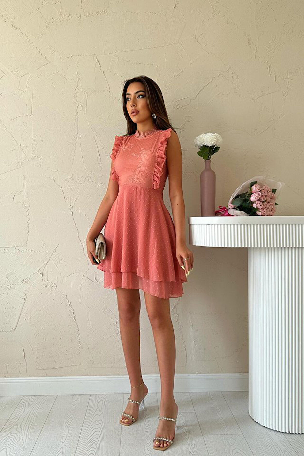 TUA MODA Pudra Çiçek Desenli Elbise