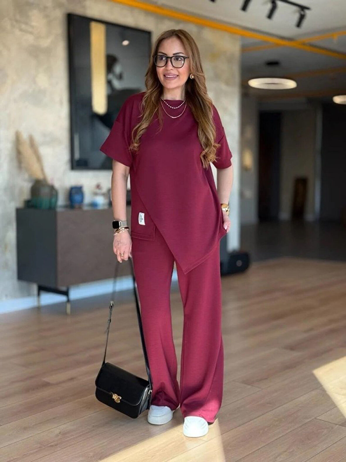 TUA MODA Kadın Kısa Kollu Bisiklet Yaka Asimetrik Viskon Iki Iplik Bluz Ve Pantolon Ikili Takım