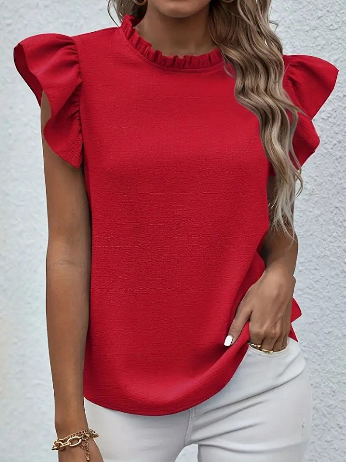 TUA MODA Kadın Kısa Kollu Fırfır Yakalı Bürümcük Bluz