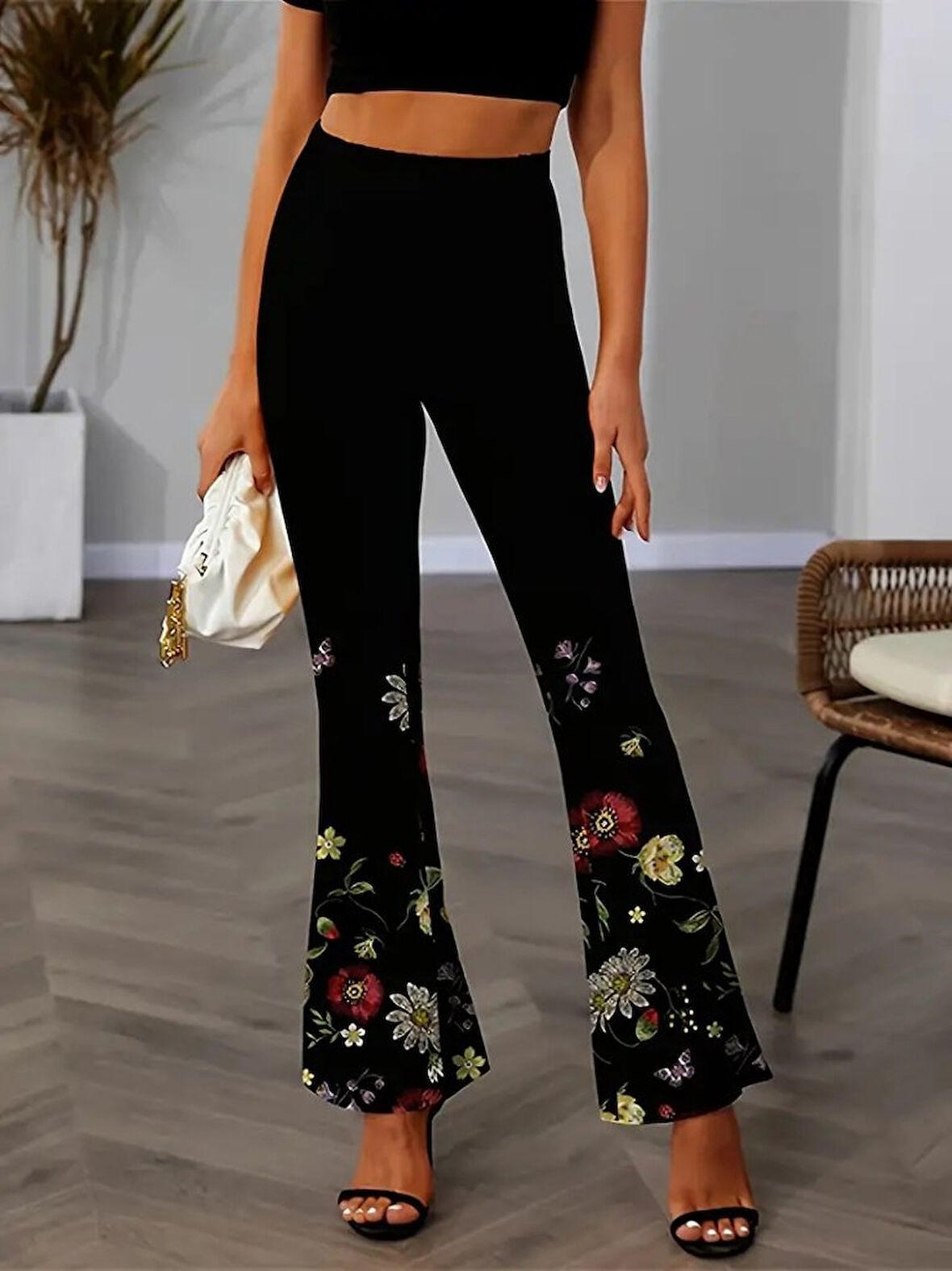 TUA MODA Kadın Yüksek Belli çiçek Desenli Ispanyol Paçalı Dalgıç Tayt Pantolon