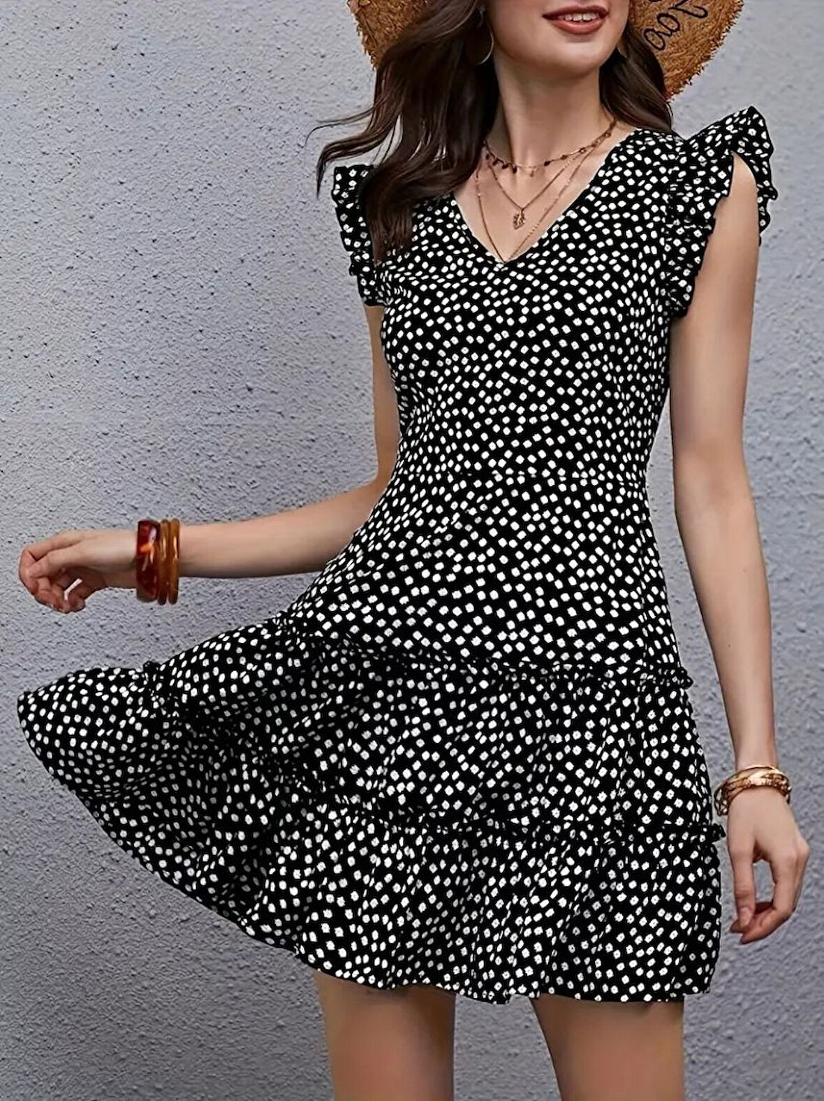 TUA MODA Kadın Kısa Kollu V Yakalı Desenli Fırfırlı Süprem Elbise