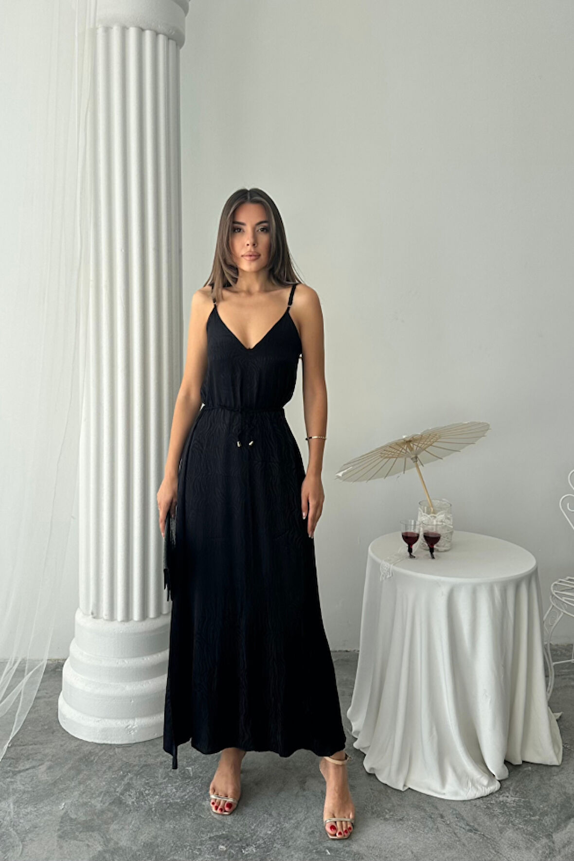 TUA MODA JAKAR SATEN DEGAJE ASKILI ELBİSE İP KEMERLİ - Siyah