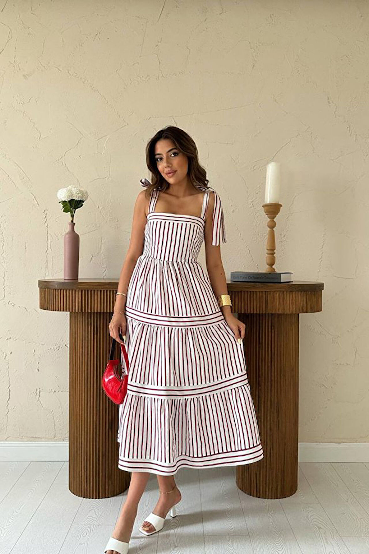 TUA MODA Bordo Omuzdan Bağlamalı Çizgili Elbise