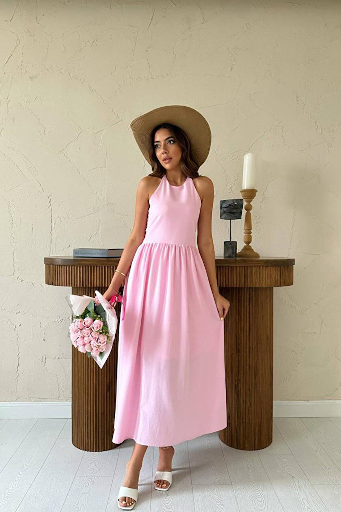 TUA MODA Pembe Arkası Gipeli Keten Elbise