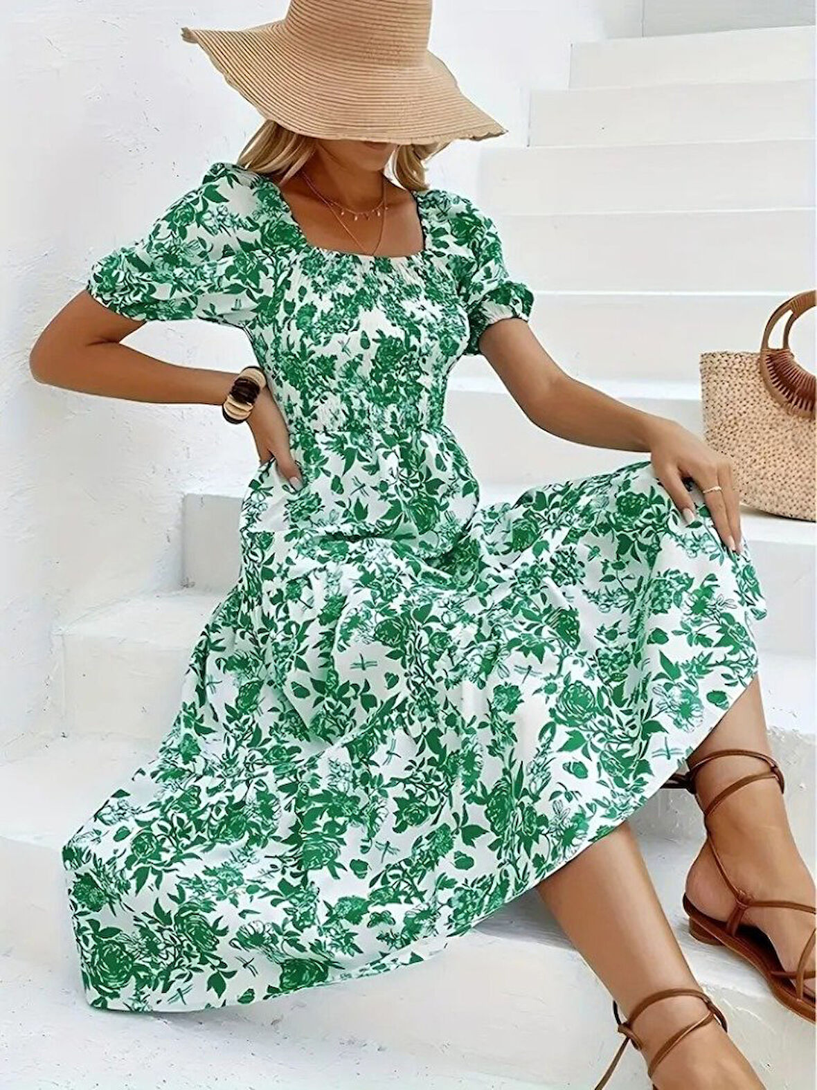 TUA MODA Kadın Kısa Kollu Kare Yakalı Lastikli Desenli Süprem Elbise