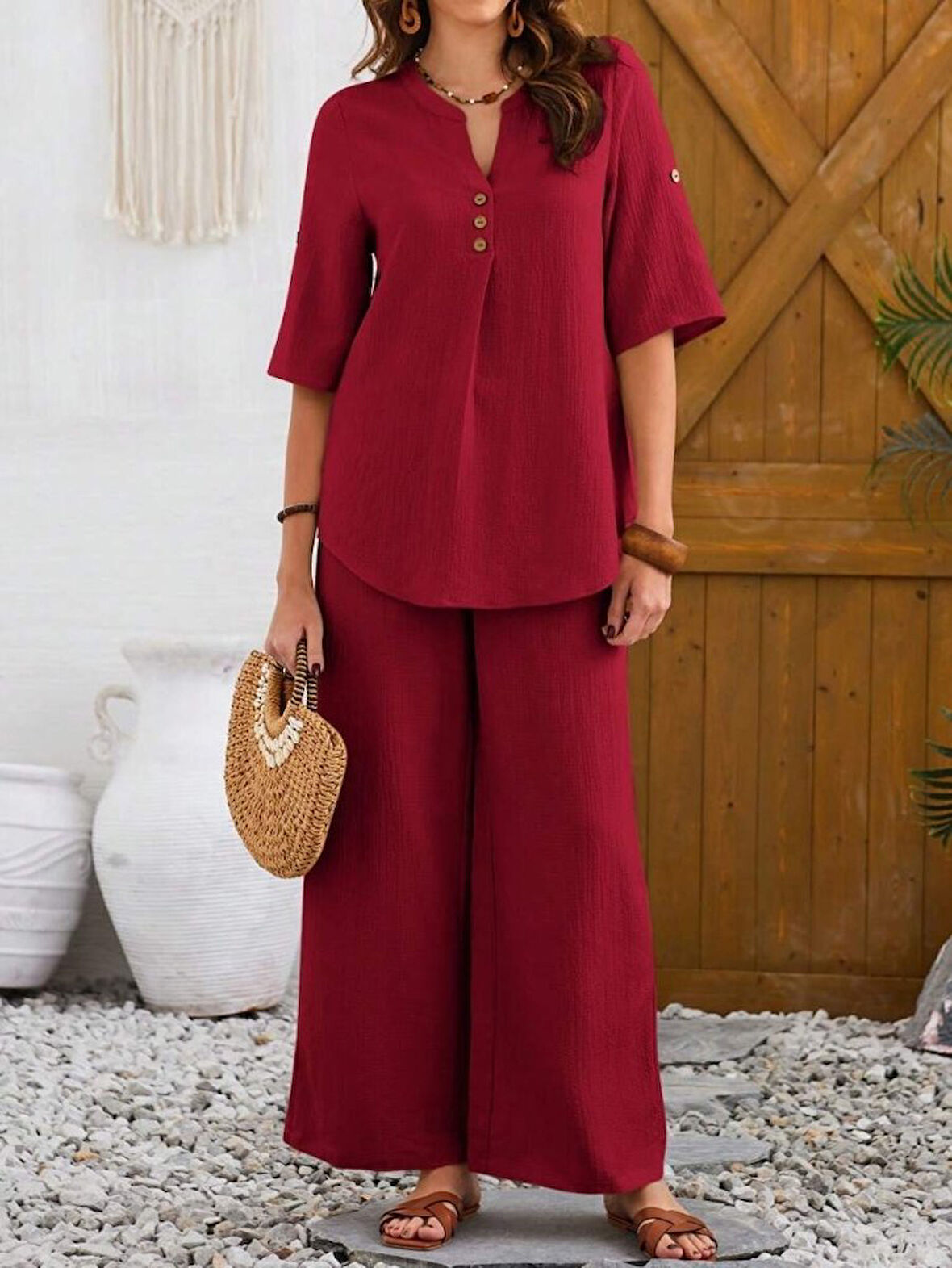 TUA MODA Kadın Kısa Kollu V Hakim Yaka Düğmeli Bürümcük Bluz Ve Pantolon Ikili Takım