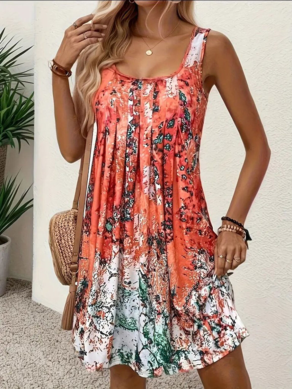 TUA MODA Kadın Sıfır Kollu Kare Yaka önden Pileli Salaş Süprem Elbise