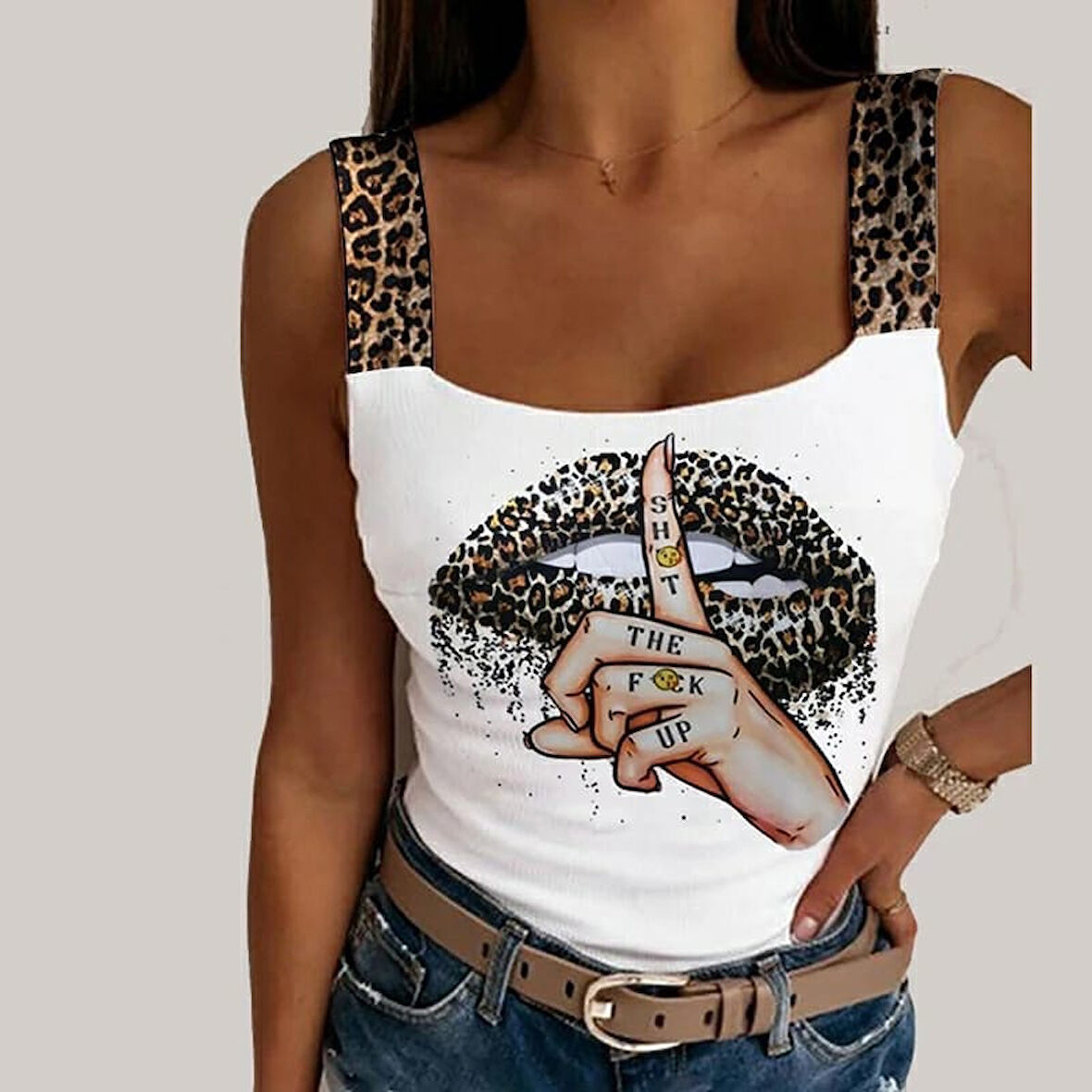 TUA MODA Kadın Leopar Askılı Leopar Baskılı Mikro Kumaş Bluz
