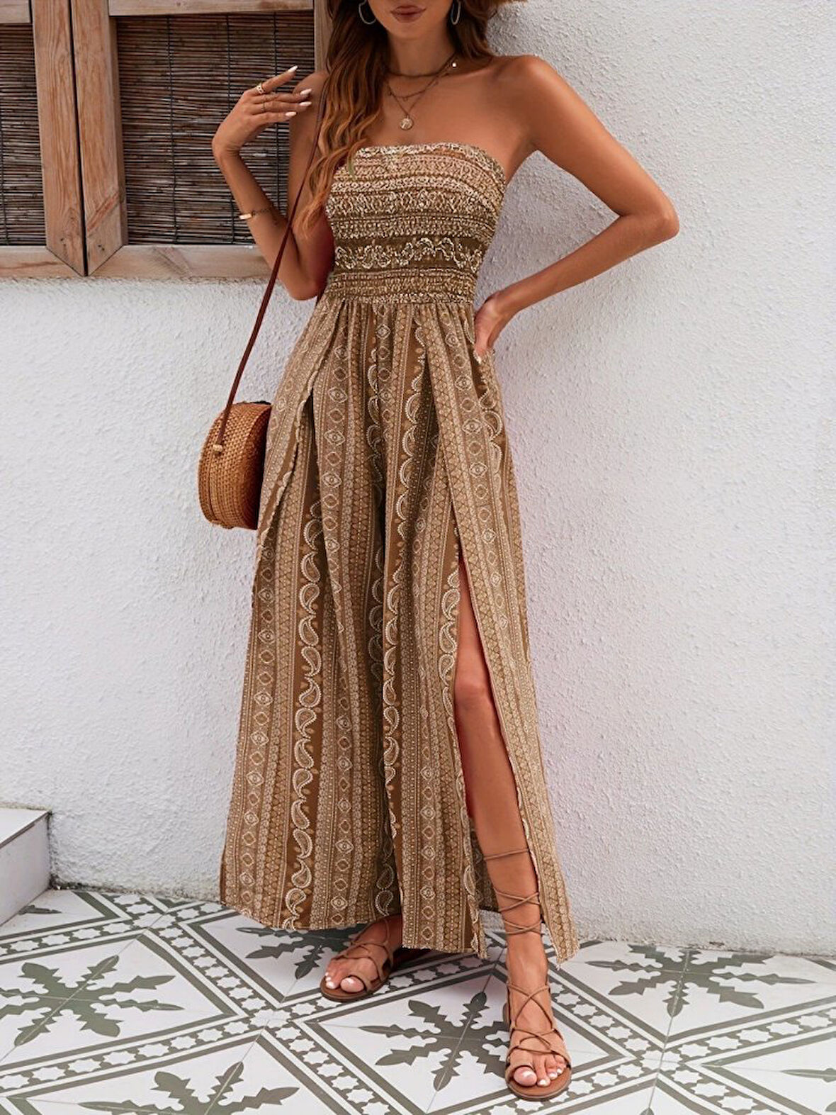 TUA MODA Kadın Yakası Gipe Detaylı önden Yırtmaç Detaylı Desenli Süprem Pantolon Etek