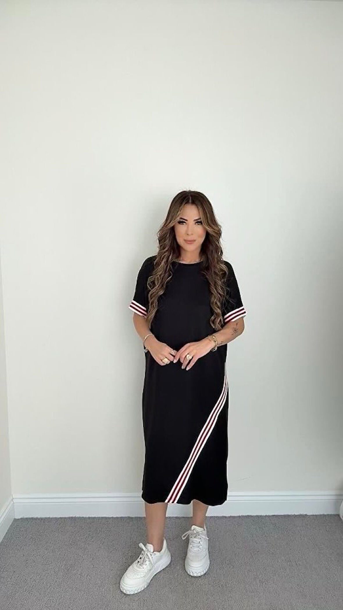 TUA MODA Kadın Kol Ve Etek şerit Detaylı Midi Boy Elbise