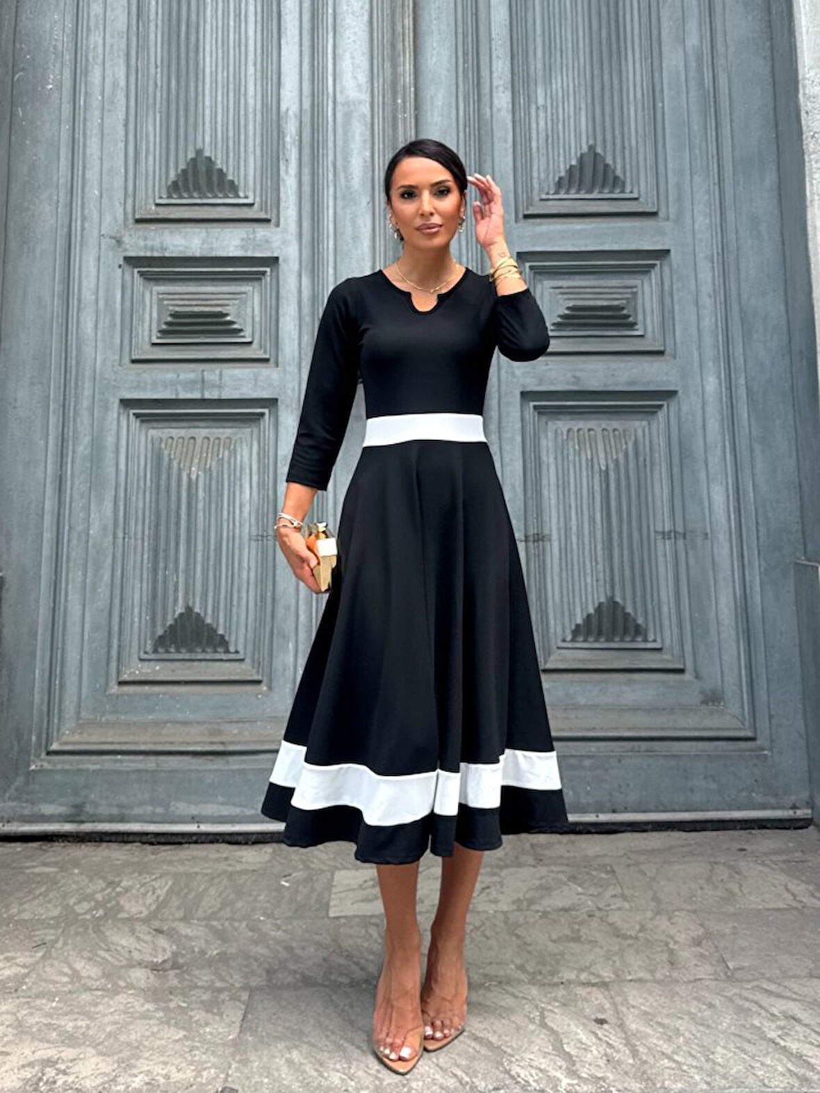 TUA MODA Kadın Truvakarkol Yakası Açık Blok Renkli Krep Midi Elbise