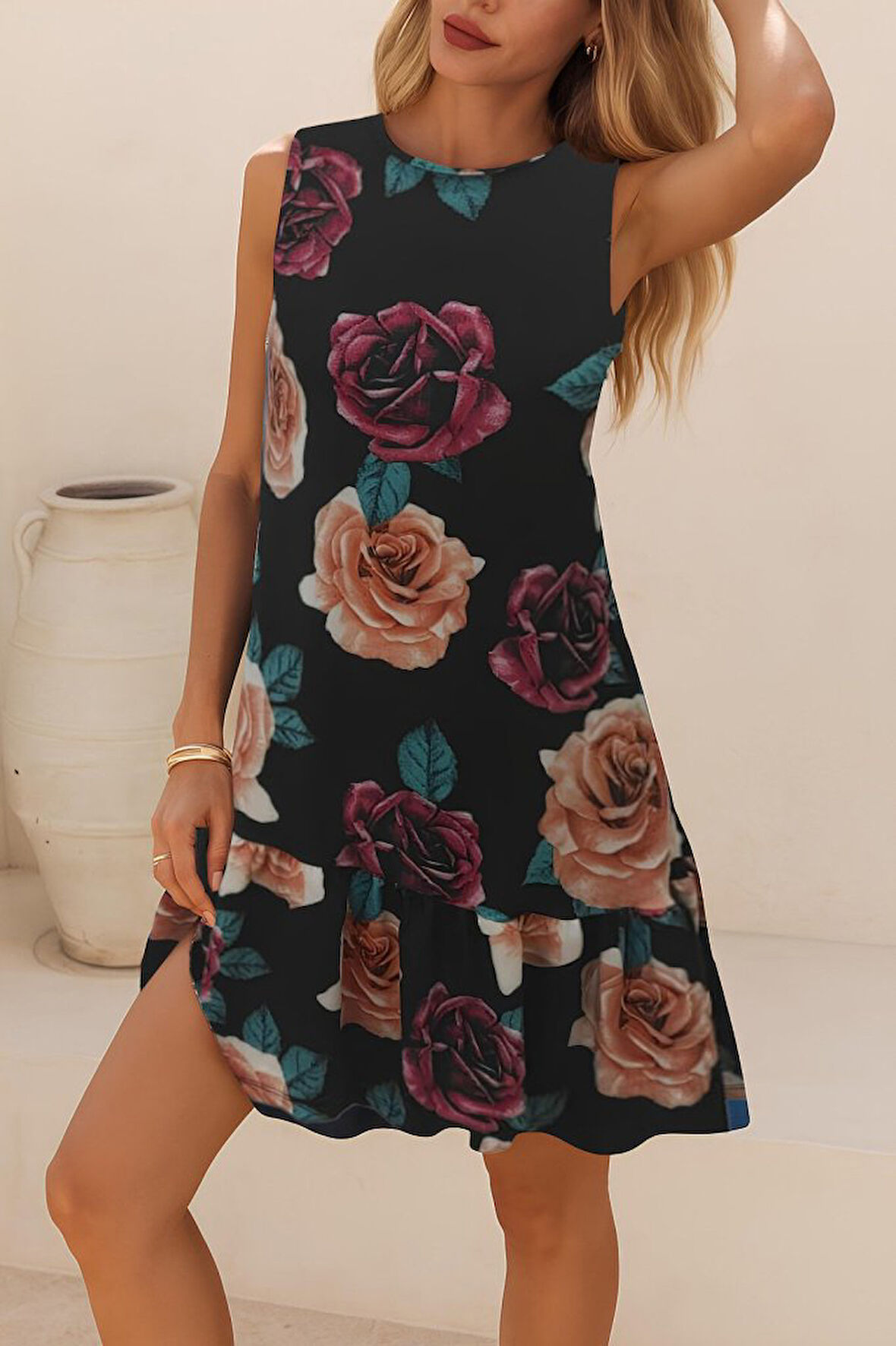 TUA MODA Kadın Kolsuz Sırttan Bağlamalı Fırfırlı Leopar Desenli Süprem Elbise