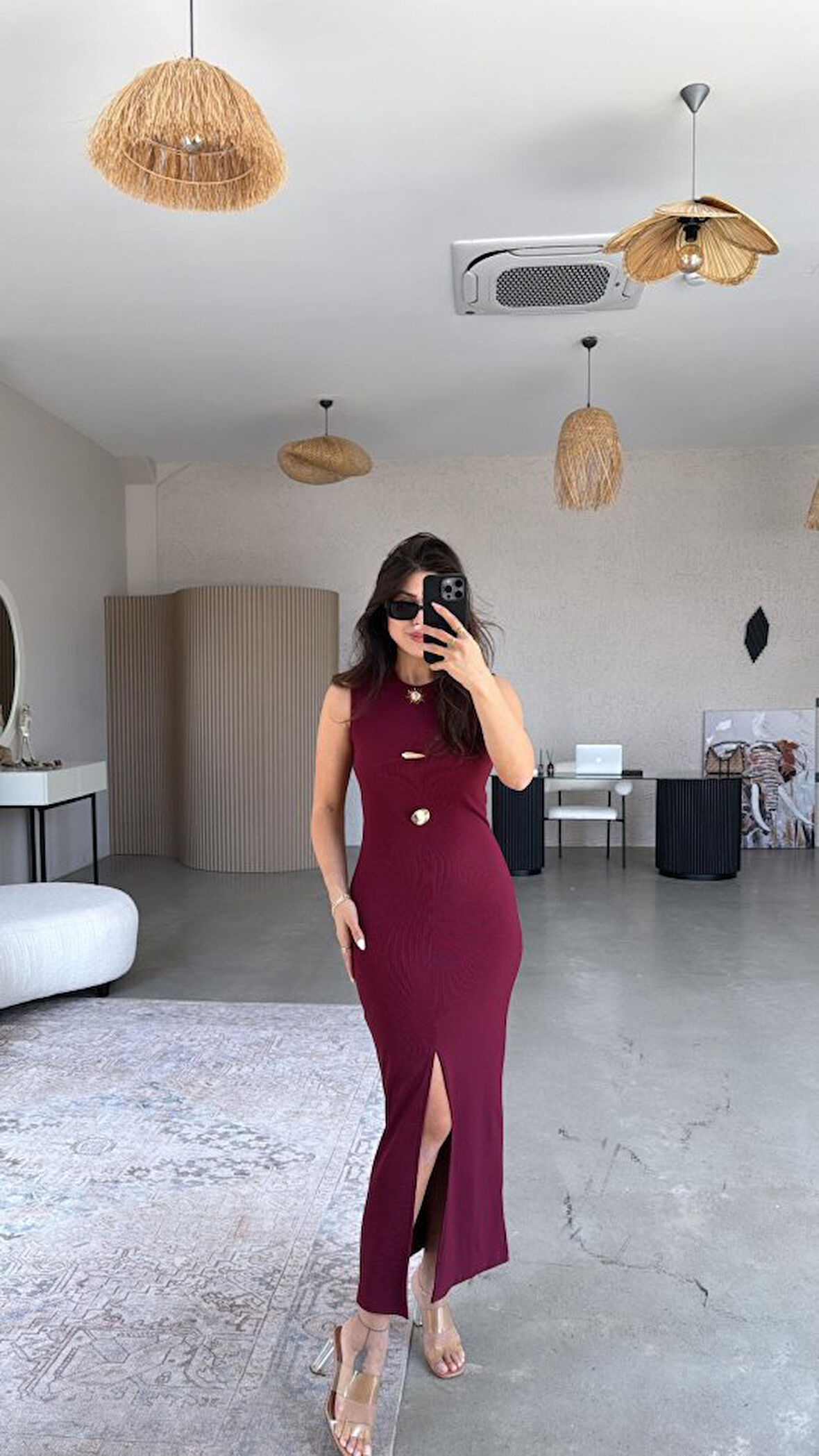 TUA MODA Kadın Bisiklet Yaka Broş Detay Yırtmaçlı Maxi Boy Ottoman Elbise