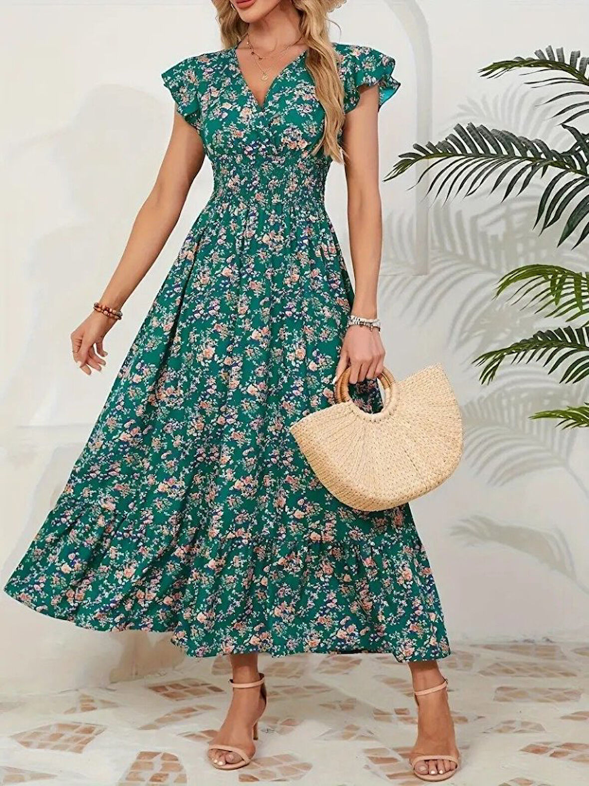 TUA MODA Kadın Kısa Kollu Kruvaze Yaka Beli Lastikli çiçek Desenli Elbise