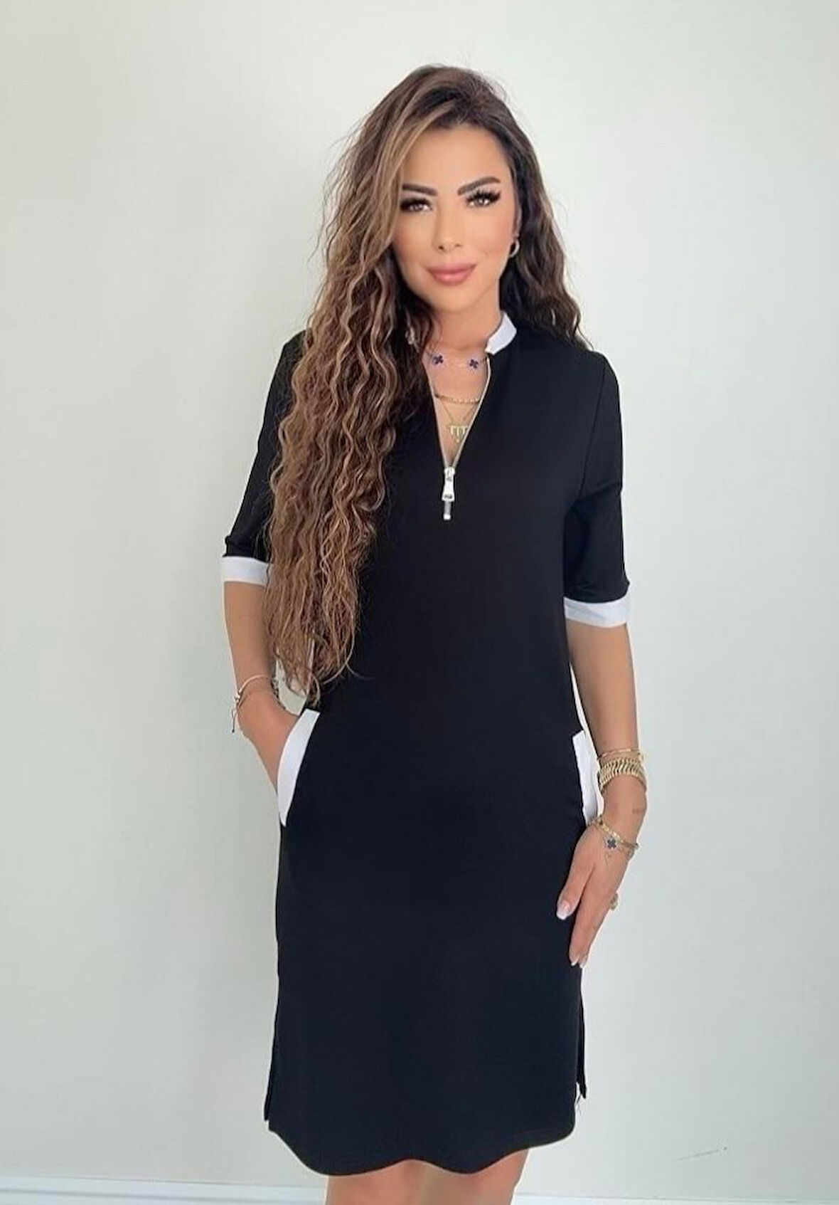 TUA MODA Kadın Kısa Kollu Yakadan Fermuarlı Cepli Yandan Yırtmaçlı Viskon Elbise