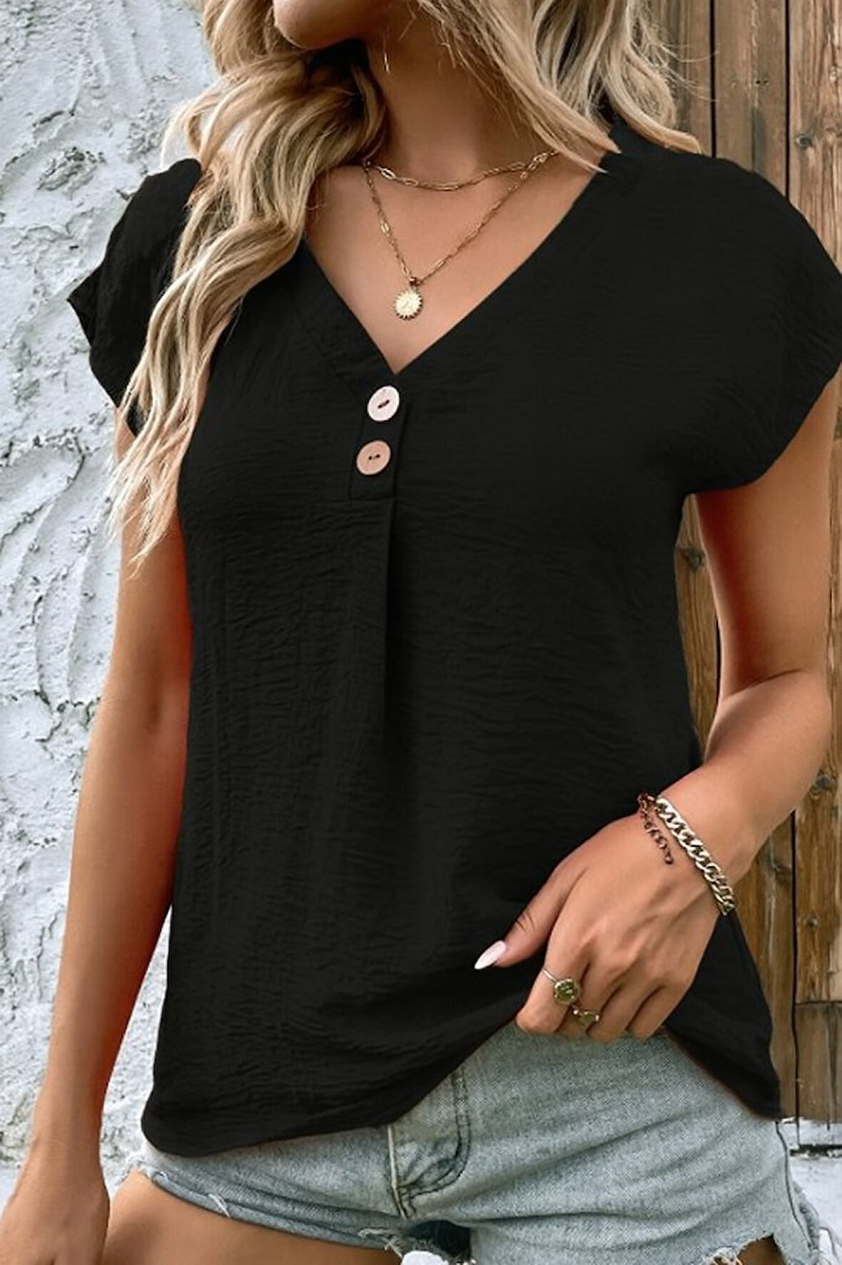 TUA MODA Kadın Kısa Kollu V Yakalı Düğmeli Keten Bluz