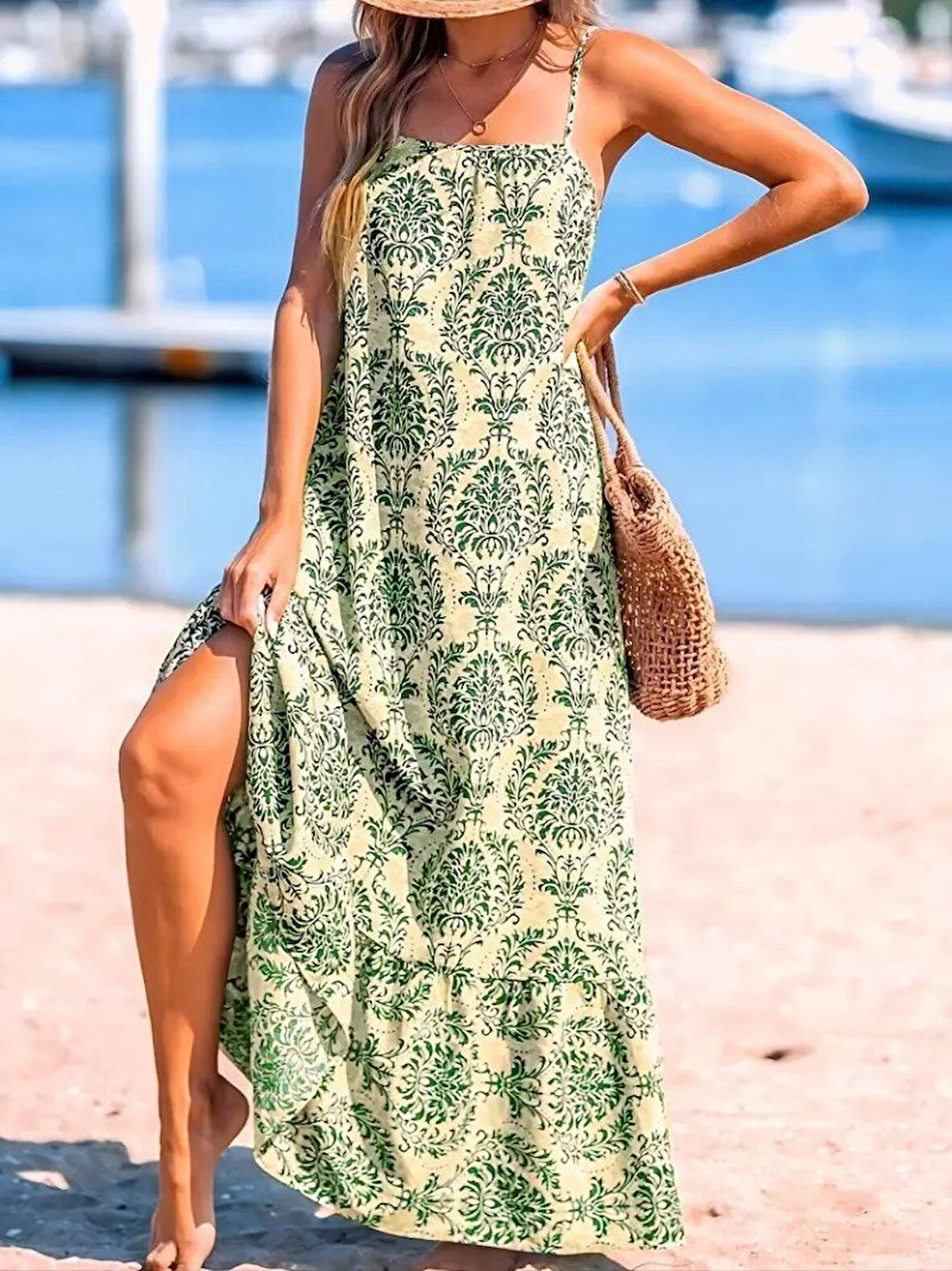 TUA MODA Kadın Ip Askılı Desenli Fırfırlı Süprem Elbise