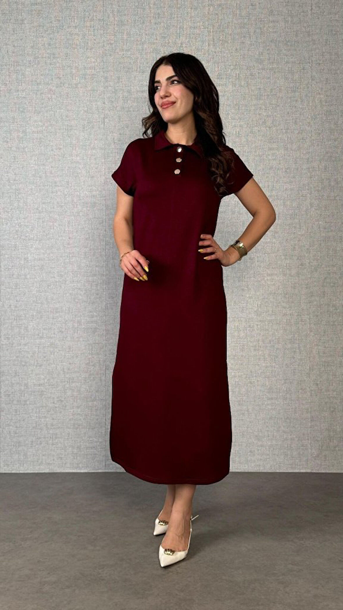 TUA MODA Kadın Kısa Kollu Yakalı Yandan Yırtmaçlı Viskon Iki Iplik Elbise