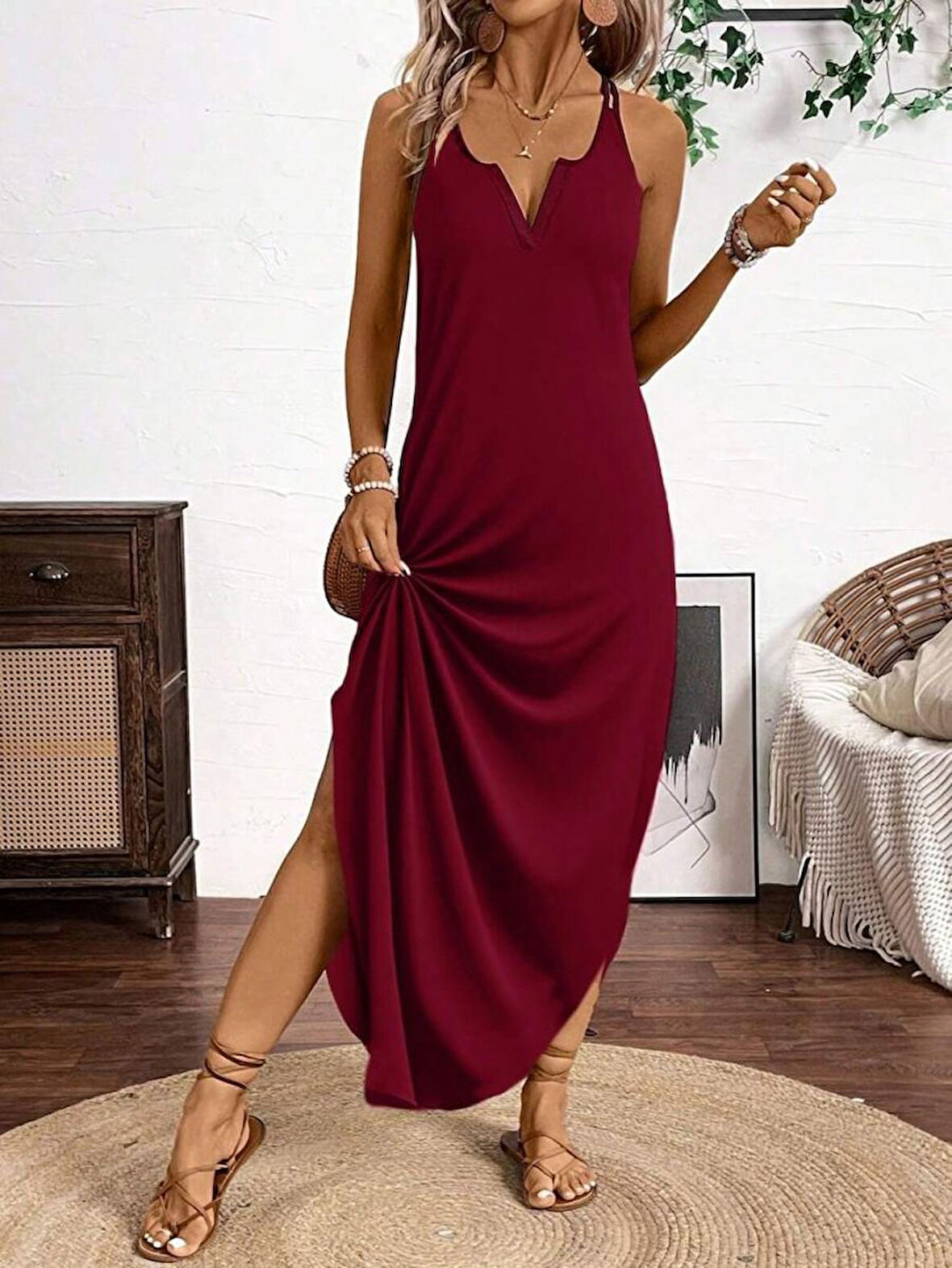 TUA MODA Kadın Askılı Yuvarlak Yaka Asimetrik Detaylı Viskon Elbise