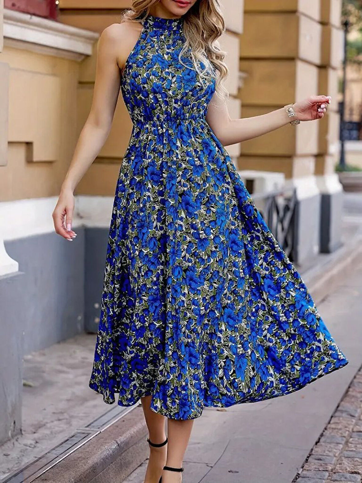 TUA MODA Kadın Omuzlardan Açık Daire Yaka Desenli Maxi Süprem Elbise