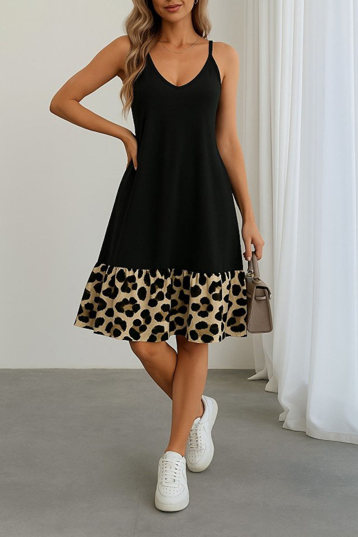 TUA MODA Kadın Ip Detaylı Kısa Elbise Askılı Yuvarlak Yakalı Viskon Etek Süprem Elbise