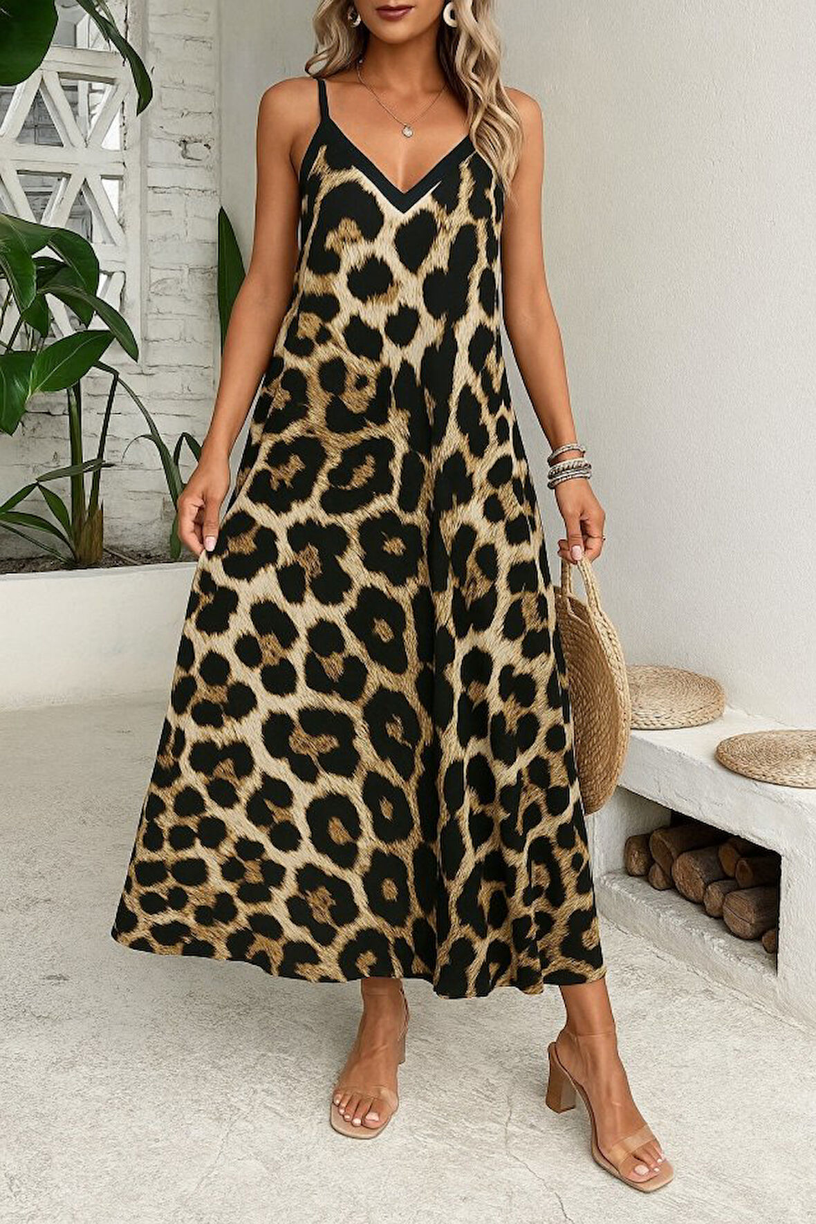 TUA MODA Kadın Ip Askılı Geniş V Yakalı Leopar Desenli Süprem Elbise