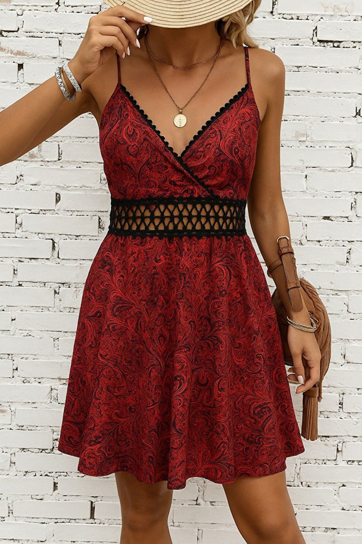 TUA MODA Kadın Ip Askılı Kruvaze Yakalı Desenli Mini Süprem Mini Elbise