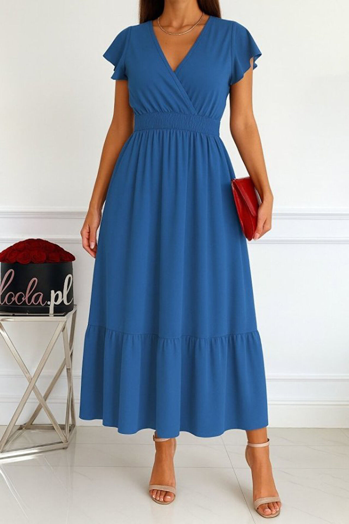 TUA MODA Kadın Kısa Kelebek Kollu Kruvaze Yakalı Beli Lastikli Aerobin Elbise