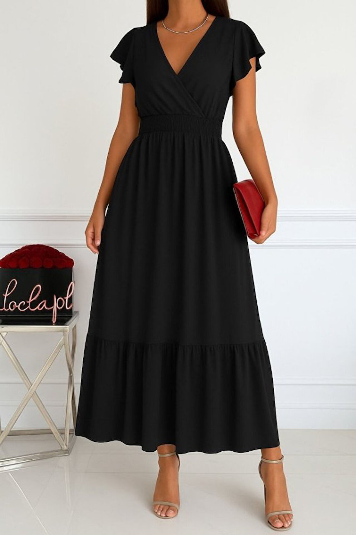 TUA MODA Kadın Kısa Kelebek Kollu Kruvaze Yakalı Beli Lastikli Aerobin Elbise