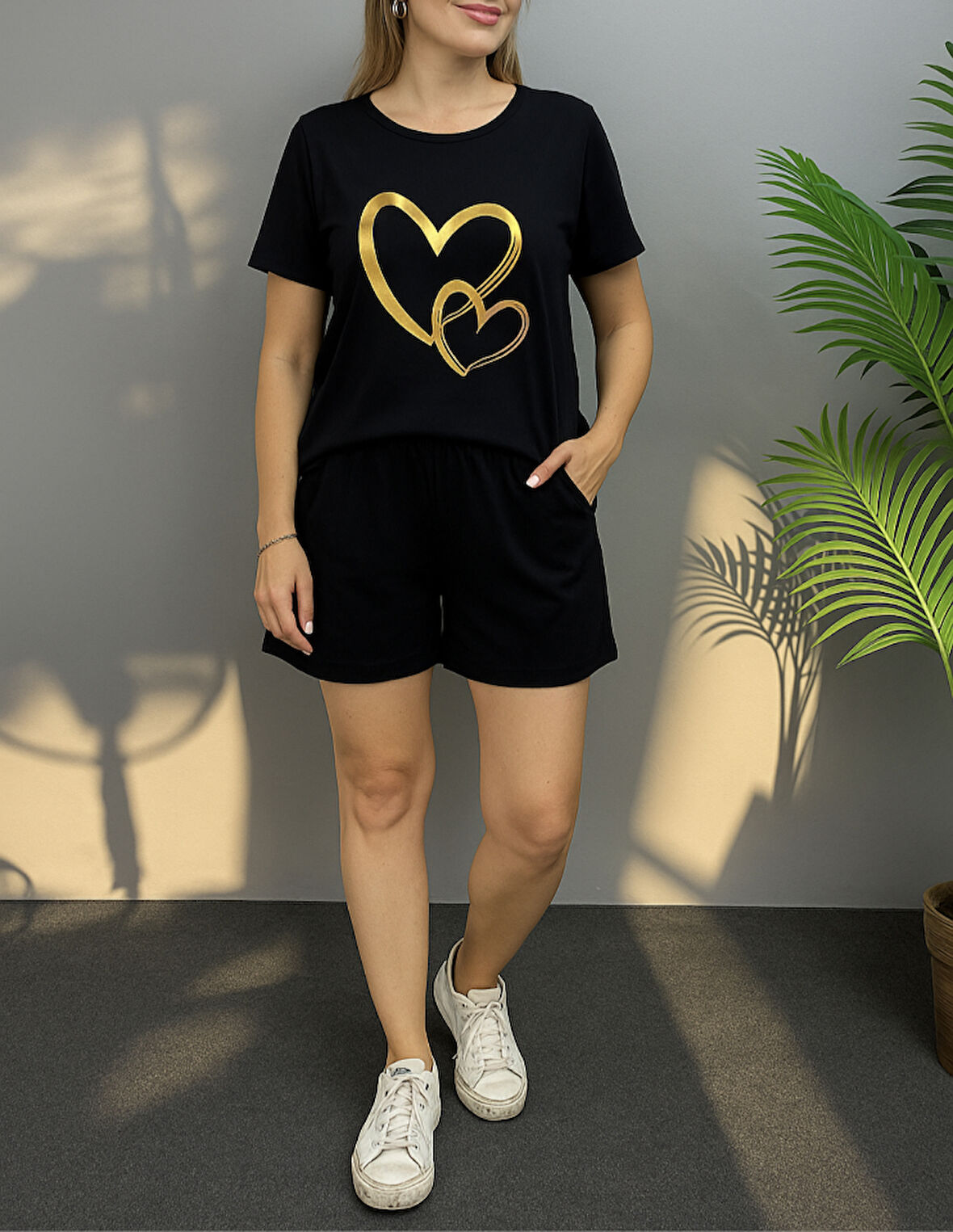 TUA MODA Kadın Kısa Kollu Bisiklet Yaka Viskon Iki Iplik Bluz Ve Short Ikili Takım