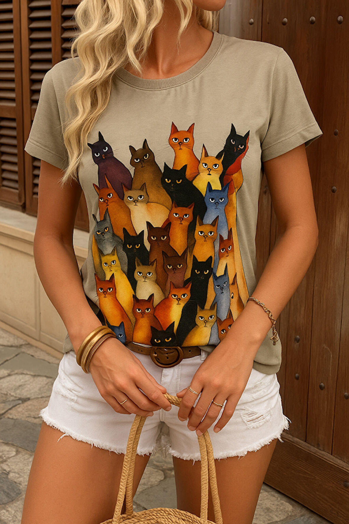 TUA MODA Kadın Kısa Kollu Bisiklet Yaka Kedi Desenli Süprem Bluz