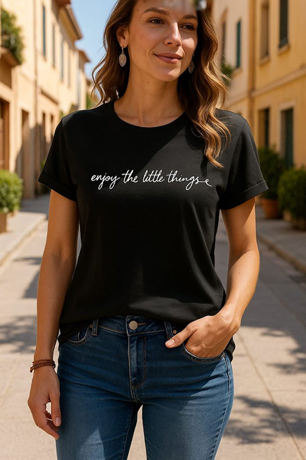 TUA MODA Kadın Kısa Kollu önü Yazı Baskılı Basic Süprem Bluz