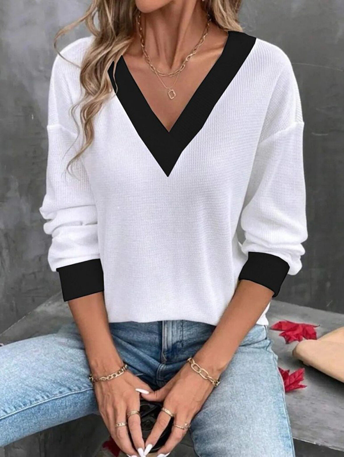 TUA MODA Kadın Uzun Kollu V Yakalı Waffle Bluz