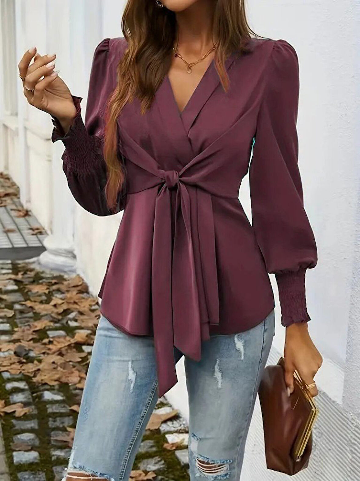 TUA MODA Kadın Uzun Kollu Kruvaze Yakalı önden Bağlamalı Ithal Krep Bluz