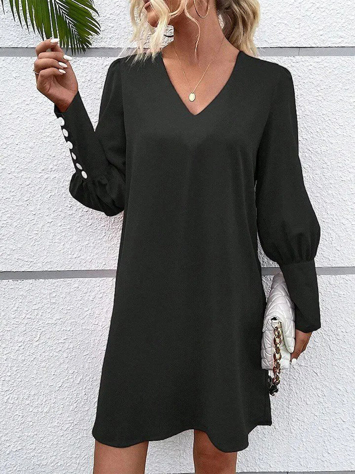 TUA MODA Kadın Uzun Kollu V Yakalı Kısa Ithal Krep Elbise