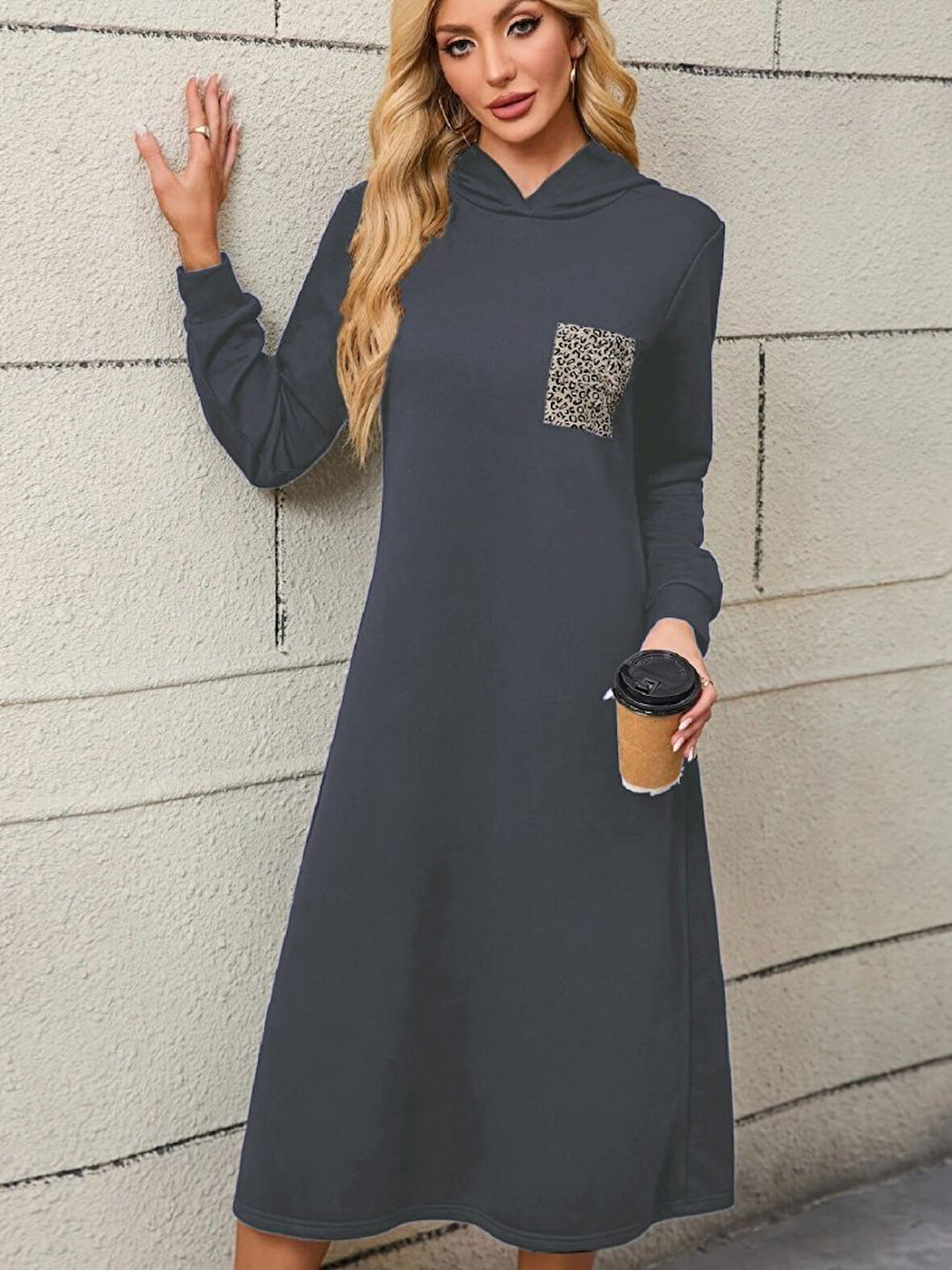 TUA MODA Kadın Uzun Kollu Kapşonlu Cep Detaylı Viskon Iki Iplik Maxi Elbise